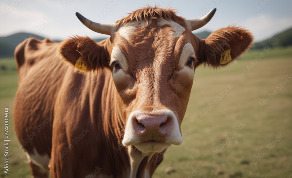 brown cow on single color background, close view, hyper detailed