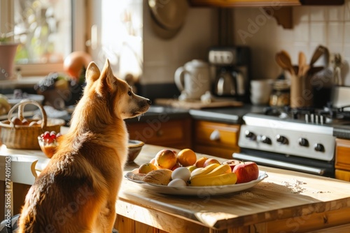 A dog is seated on a kitchen counter, attentively gazing at a plate of fresh fruit photo