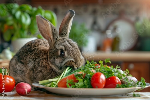 A rabbit in an indoor setting is munching on a plate of fresh vegetables placed on a table