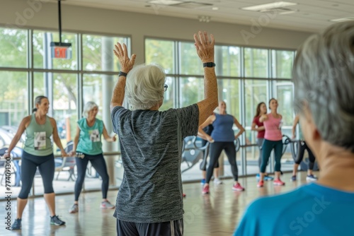 A senior fitness instructor energetically leads a dance class for a group of people, guiding them through various dance moves