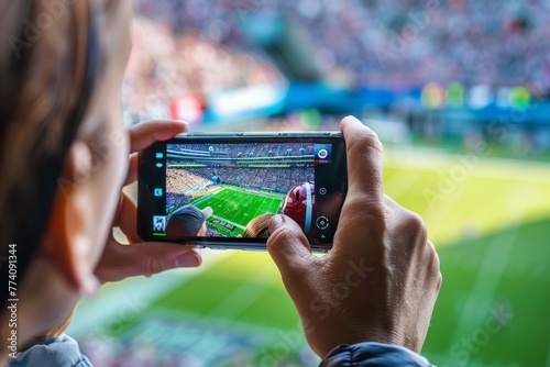 A person is using a mobile device to capture a baseball game, focusing on the action on the field