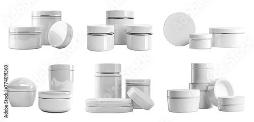 Collection set of group pile white blank cosmetic skincare container tube packaging dispenser bottle on transparent background cutout, PNG file. Many different design Mockup template for artwork © Sandra Chia