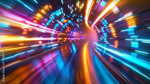 Vivid light trails in a tunnel with a perspective view, showcasing dynamic motion and vibrant neon colors.