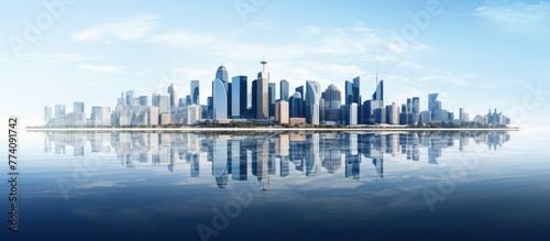 Blue tone panorama of waterfront city skyline with reflection. © ANIS