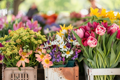 Various colorful flowers arranged in containers at a bustling spring farmers market, showcasing the vibrant atmosphere and abundance of fresh produce photo