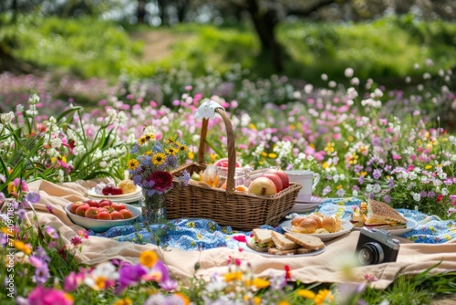A picnic is set up on a blanket in the middle of a vibrant field of flowers