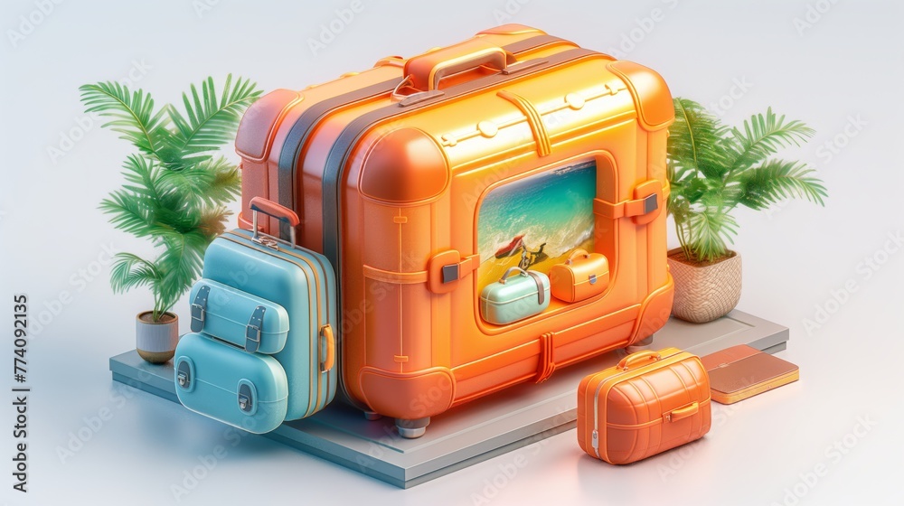 A creative and colorful depiction of luggage with a refreshing tropical island scene, reflecting the joy of travel and adventure