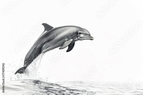 KS Dolphin jumping out of the water against a white backg .