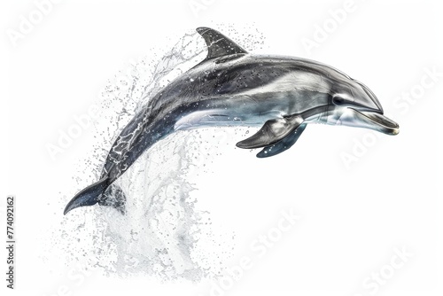 KS Dolphin jumping out of the water against a white backg .