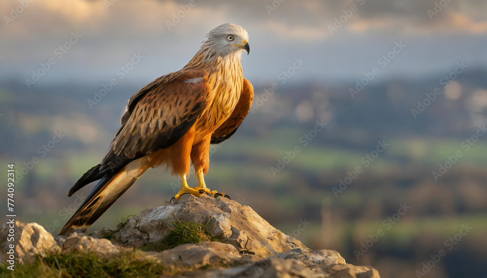 Fototapeta premium a Red Kite stands on a rocky perch overlooking the plain for a new hunt