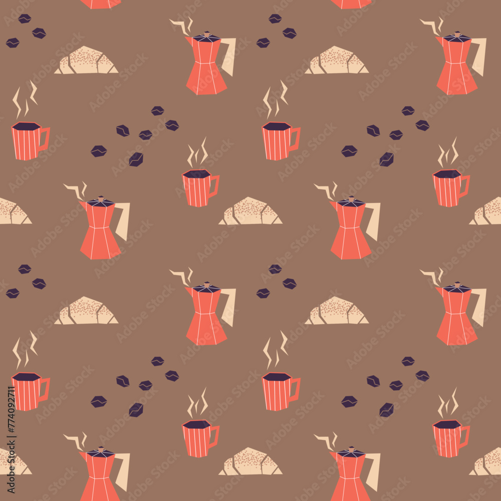 Vector seamless pattern with coffee makers, coffee cups, muffins, cookies and croissants on a brown background. Ideal for kitchen styling, textiles, wrapping paper, scrapbooking. Vector seamless pattern with coffee makers, coffee cups, muffins, cookies and croissants on a brown background. Ideal for kitchen styling, textiles, wrapping paper, scrapbooking.