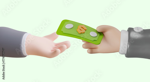 One hand gives money to another. Concept of payment, credit, debt repayment