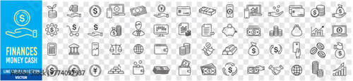 Finance icon set. cash earning money fund loan financial goal saving payments bank, cryptocurrency check wallet profit budget mutual revenue icons. Editable stroke line liner icons collection vector.