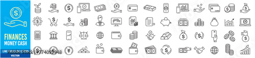 Finance icon set. cash earning money fund loan financial goal saving payments bank, cryptocurrency check wallet profit budget mutual revenue icons. Editable stroke line liner icons collection vector. photo