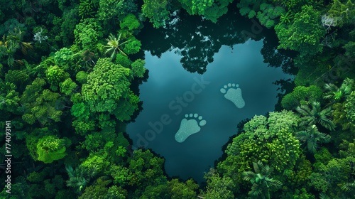 human footprints in the middle of a lush forest, concept: Human influence on nature, copy and text space, 16:9