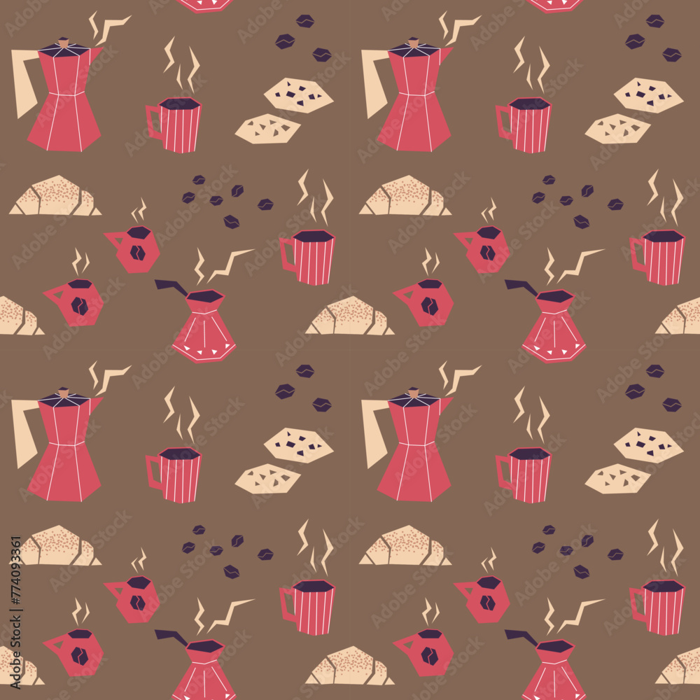 Vector seamless pattern with coffee makers, coffee cups, muffins, cookies and croissants on a brown background. Ideal for kitchen styling, textiles, wrapping paper, scrapbooking.