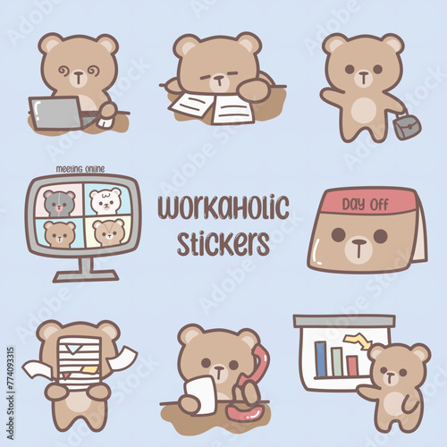Set of workaholic bear stickers