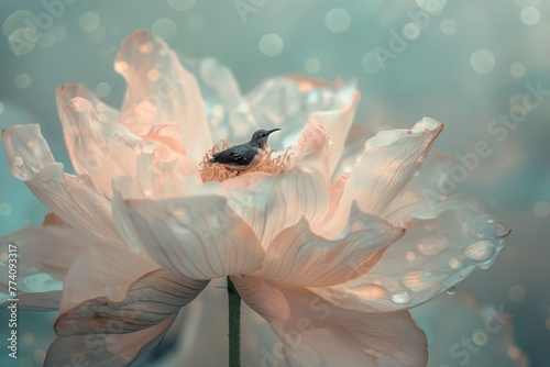 A hummingbird rests in a nest perched on a delicate blossom amid a soft  bokeh-lit background