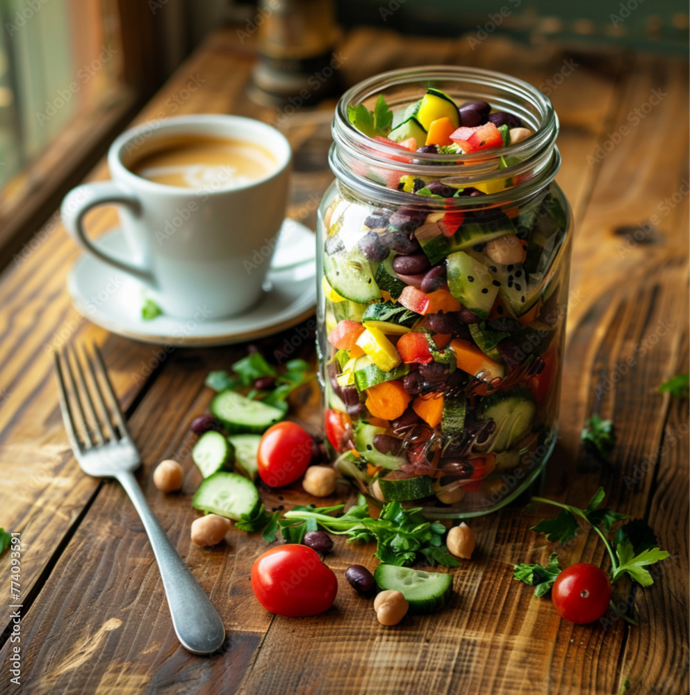 a glass jar filled with a salad made with beans and vegetables, on a wooden table in bright daylight, with a fork and a coffee cup next to it. The salad is made with a variety of colorful vegetables a glass jar filled with a salad made with beans and vegetables, on a wooden table in bright daylight, with a fork and a coffee cup next to it. The salad is made with a variety of colorful vegetables