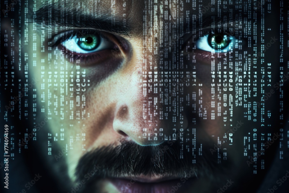 Close-up of man's eyes with digital code reflection cybersecurity concept