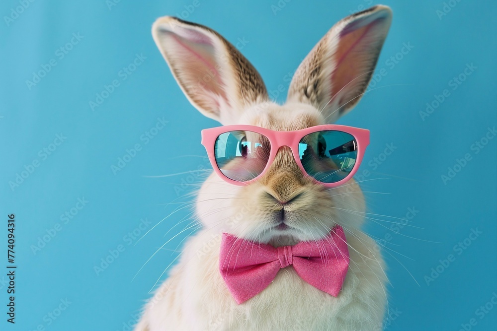 Stylish Rabbit with Sunglasses and Bow Tie on Blue Background
