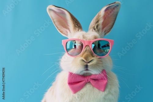 Stylish Rabbit with Sunglasses and Bow Tie on Blue Background 