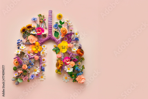 A lung is made of flowers and leaves, and it looks like a beautiful and healthy organ. Concept of life and vitality