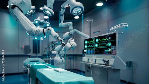 A complete robotic surgical team in a hospital operating room ready to operate on a patient, the room is well lit and sterile