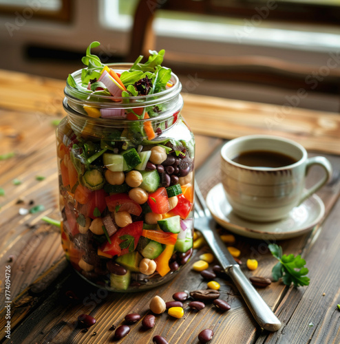 a glass jar filled with a salad made with beans and vegetables, on a wooden table in bright daylight, with a fork and a coffee cup next to it. The salad is made with a variety of colorful vegetables