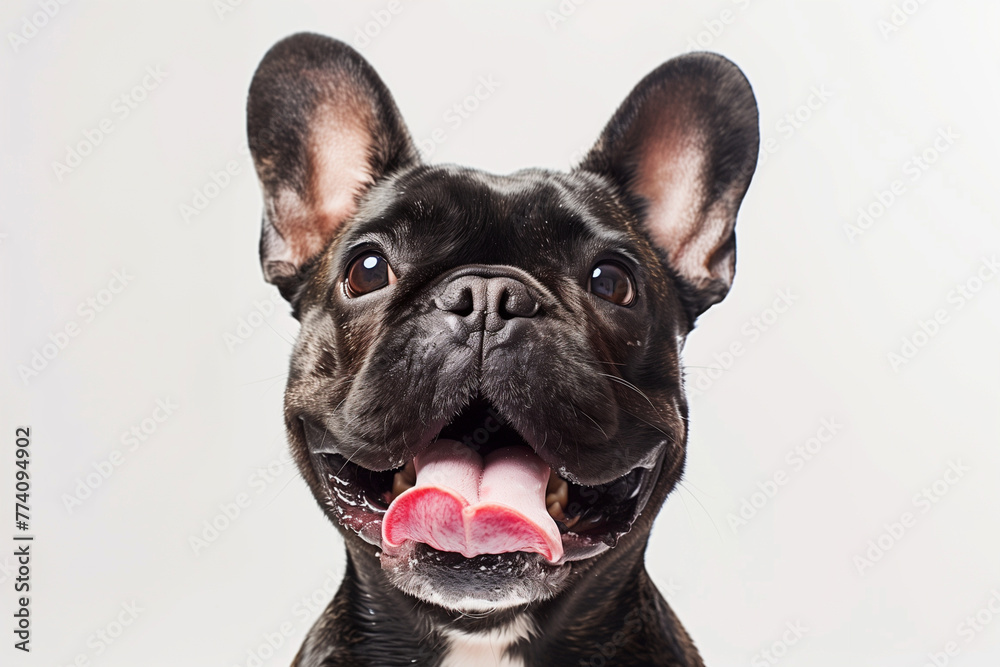 Black French Bulldog sitting with tongue out on white background