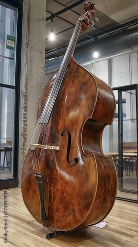 Giant double bass stands against an industrial backdrop with exposed beams and pendant lights