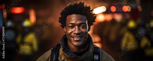 Portrait of handsome afro fireman wearing firefighter suit for safety, banner. Generative AI. photo