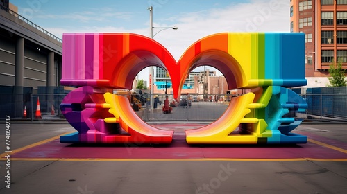 A high-angle view of a rainbow-colored banner with the word "LOVE" in bold letters, suitable for billboards and T-shirts.