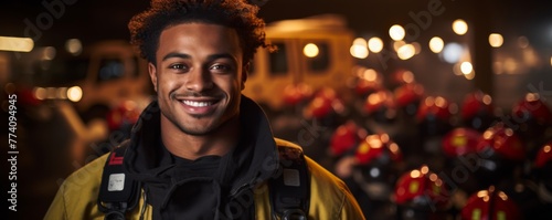 Portrait of handsome afro fireman wearing firefighter suit for safety  banner. Generative AI.