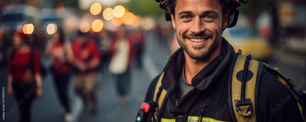 Portrait of handsome european fireman wearing firefighter suit for safety, banner. Generative AI.