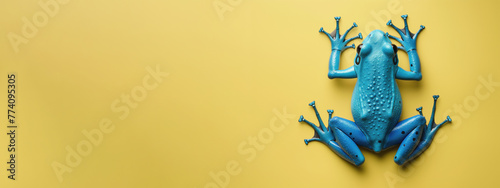 Little blue frog on yellow background, banner.