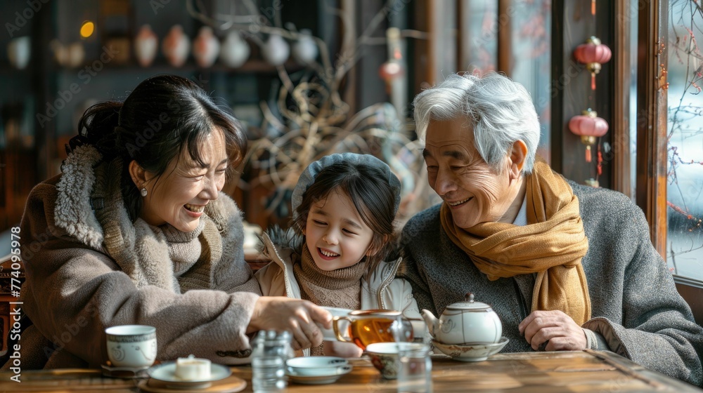 Tea time tradition with family, a heartwarming 3D animation of a family gathering around the tea table, sharing stories Tea time tradition with family, a heartwarming 3D animation of a family gathering around the tea table, sharing stories