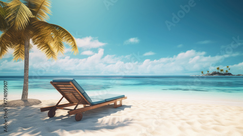 Sun lounger under palm tree on ocean shore overlooking island. Summer holiday on tropical island. Coast with white sand and azure water, copy space