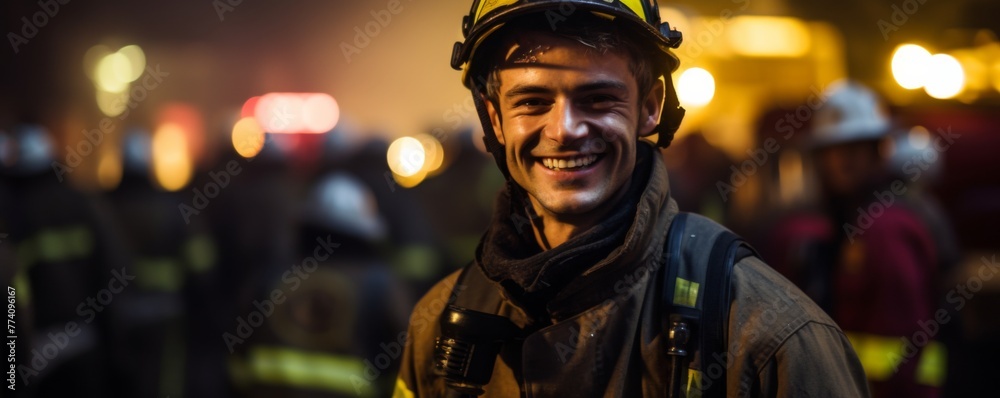 Portrait of handsome european fireman wearing firefighter suit for safety, banner. Generative AI.