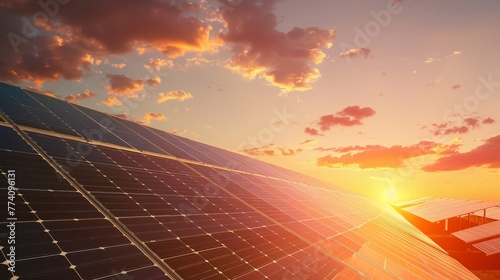 Solar panels, photovoltaic, alternative electricity source, solar energy panels on sunrise sky background, concept of sustainable resources
