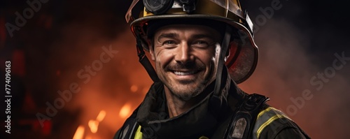 Portrait of handsome european fireman wearing firefighter suit for safety, banner. Generative AI.