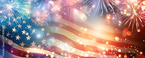 Independence Day Fireworks Celebration. A festive July 4th banner featuring vibrant fireworks and stars over wavy red and blue stripes  symbolizing the American flag.