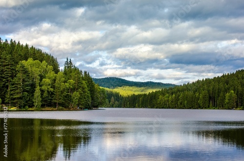 Landscape of a river in a forest under a cloudy sky on a stormy day in the countryside