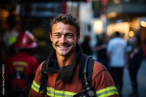Portrait of handsome european fireman wearing firefighter suit for safety. Generative AI. photo