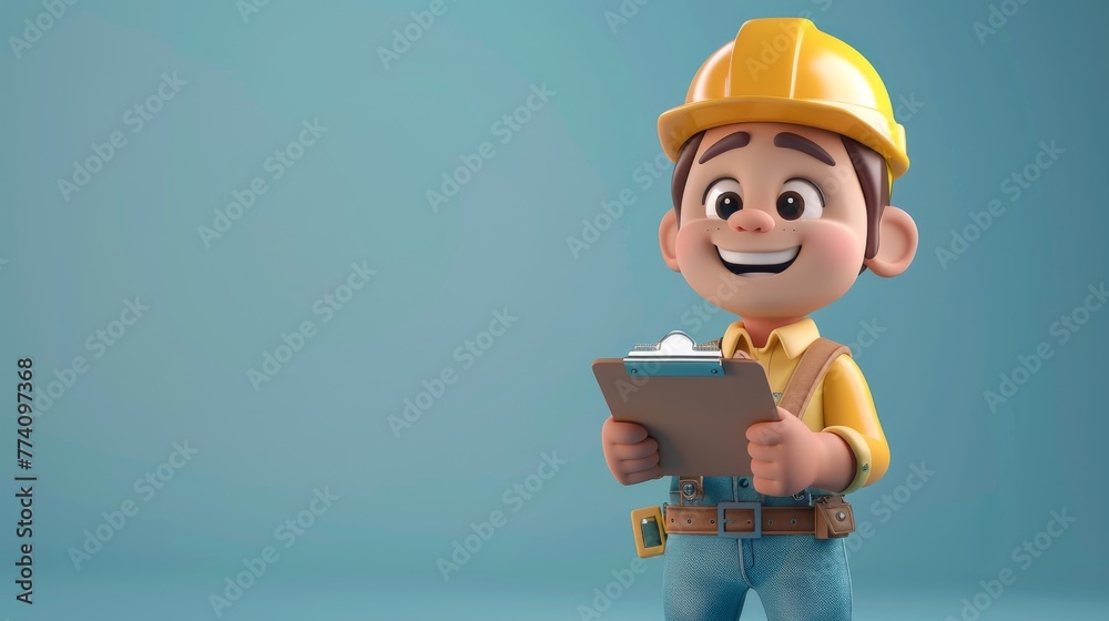 3D Cartoon Young Construction Worker with Clipboard on Blue Background 3D Cartoon Young Construction Worker with Clipboard on Blue Background