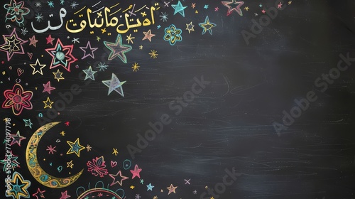 a classic black solid color as your base. Design a background resembling a chalkboard with festive Eid greetings written in colorful chalk, creating a playful and interactive look