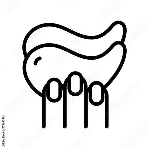 Eye gel patches in hand line icon. Linear logo for cosmetics. Simple illustration of eye mask. Trend care products. Contour isolated vector sign on white background.