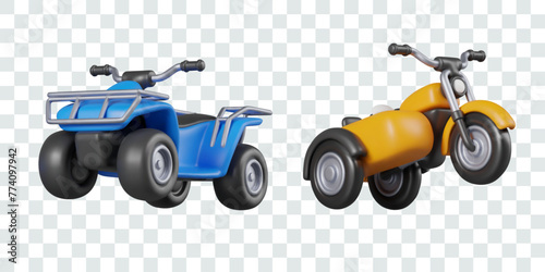 Tricycle with sidecar and quad bike. Different types of open vehicles for daily use and racing