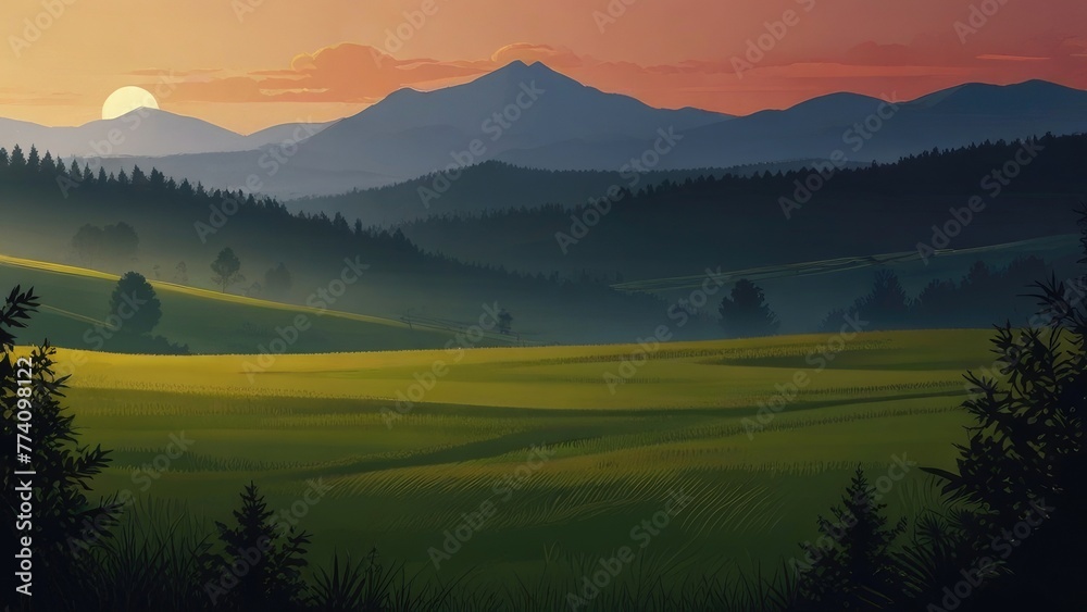 a sunset over a field with trees and mountains
a painting of a mountain landscape with mountains in the background