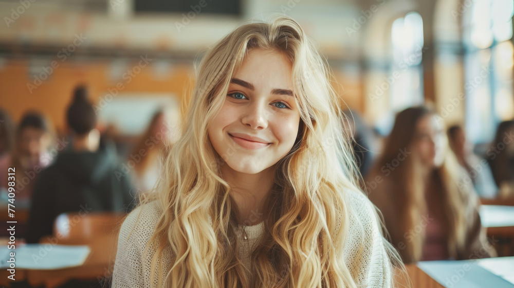 Portrait of a blonde hair caucasian happy university student sitting in a college lecture hall Portrait of a blonde hair caucasian happy university student sitting in a college lecture hall